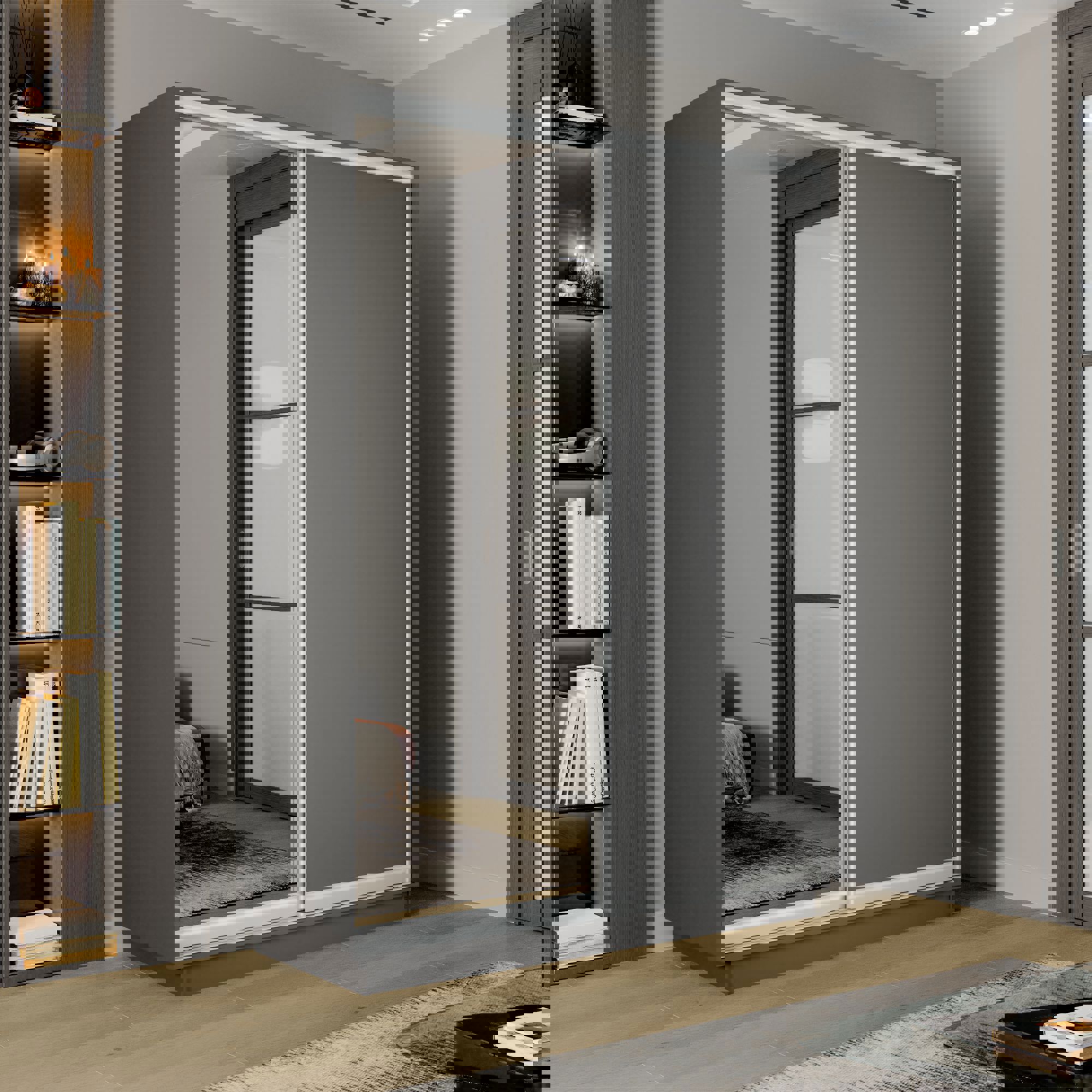 Изображение товара Шкаф-купе Мебельная Компания Е1 2 дверный 240x140x45 см зеркало 7 полок ЛДСП цвет серый