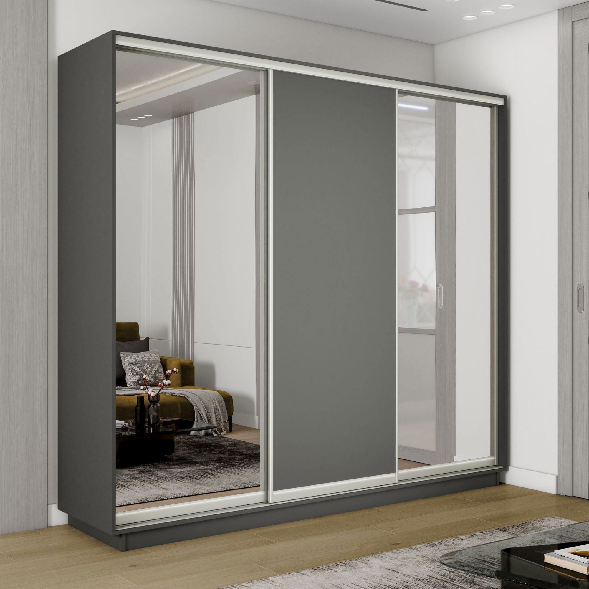 Изображение товара Шкаф-купе Мебельная Компания Е1 3 дверный 240x240x60 см зеркало 9 полок ЛДСП цвет серый