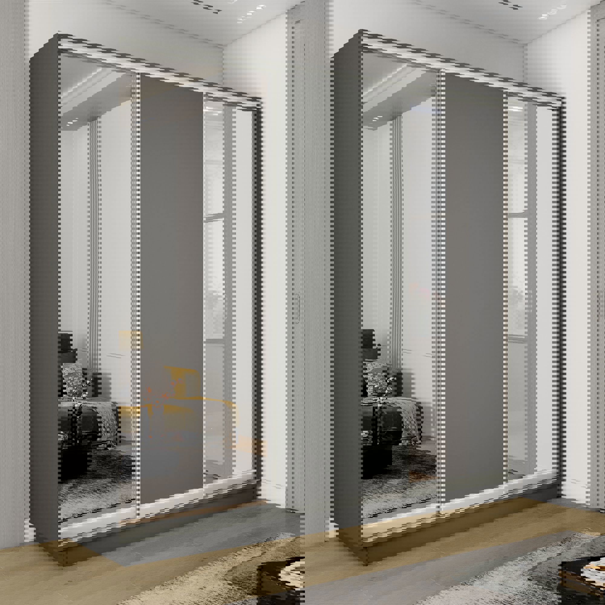 Изображение товара Шкаф-купе Мебельная Компания Е1 3 дверный 220x240x45 см зеркало 9 полок ЛДСП цвет серый 45emt2_240_dm