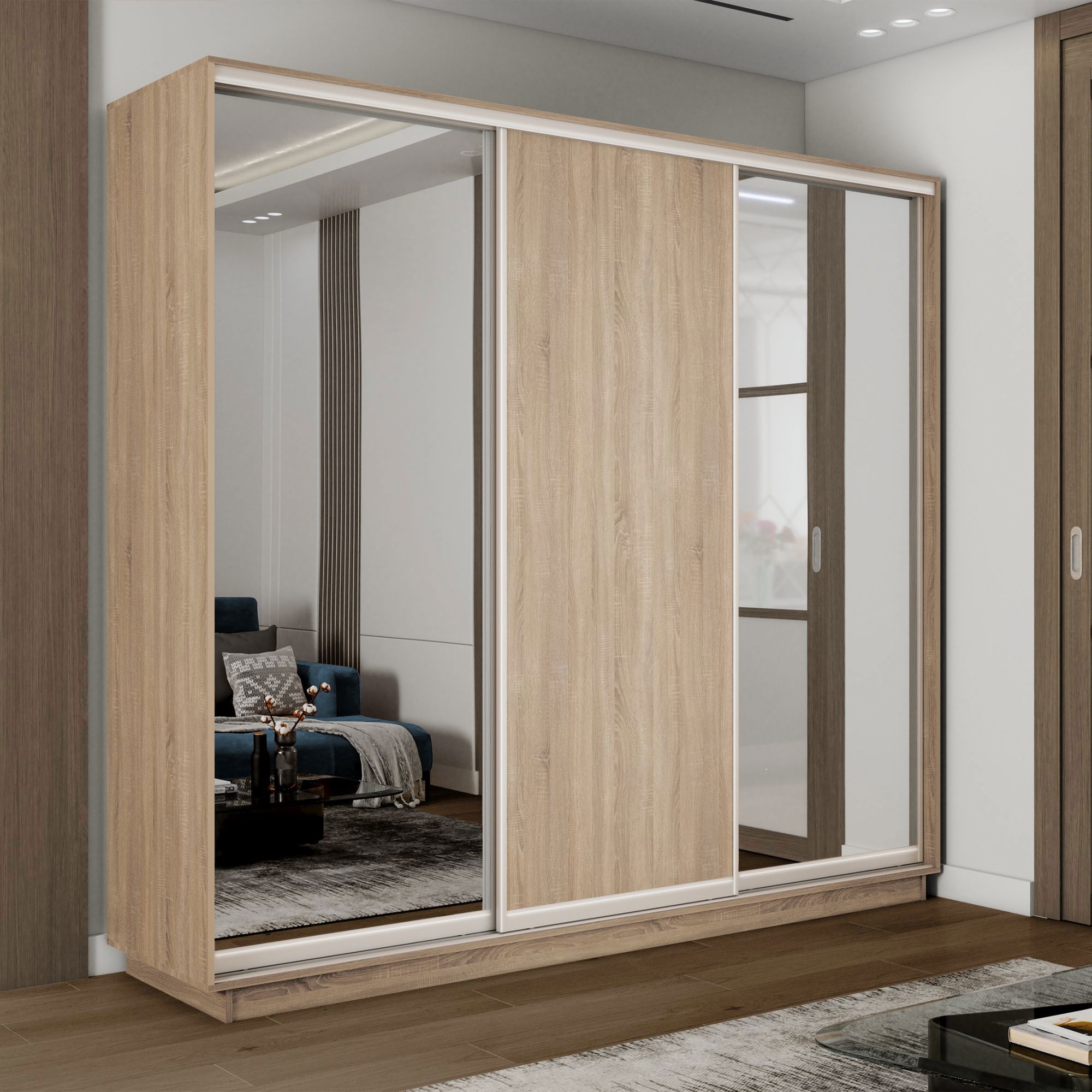 Изображение товара Шкаф-купе Мебельная Компания Е1 3 дверный 240x210x60 см зеркало 9 полок ЛДСП цвет дуб сонома emt2_210240_s