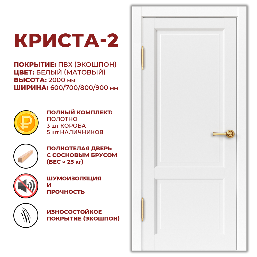 Изображение товара Криста-2, глухая 200x70 см, белый ПВХ, комплект с коробом и наличниками