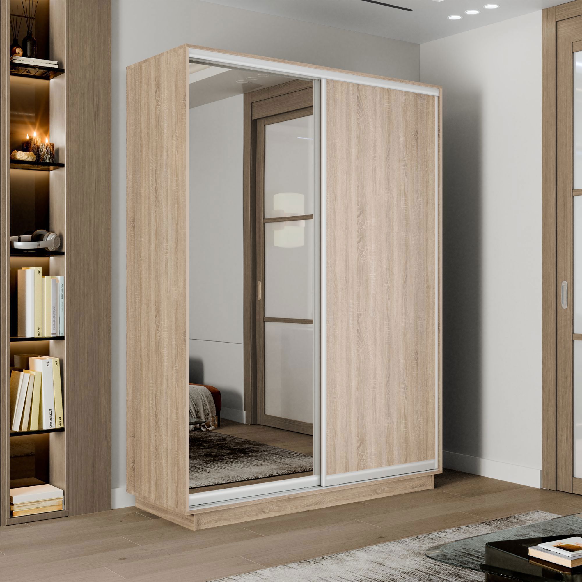 Изображение товара Шкаф-купе Мебельная Компания Е1 2 дверный 240x140x45 см зеркало 7 полок ЛДСП цвет дуб сонома