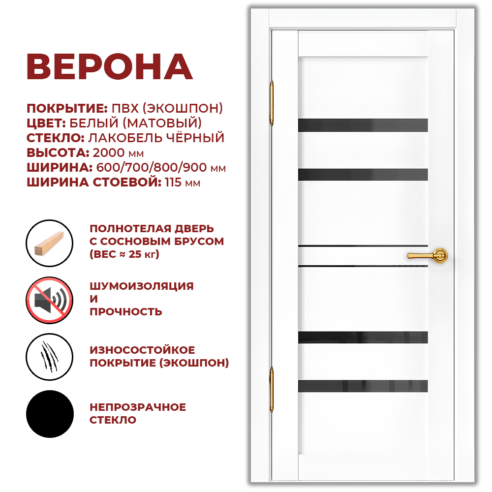 Изображение товара Дверь межкомнатная Дверные решения Верона остеклённая 80x200см ПВХ цвет белый без замка и петель