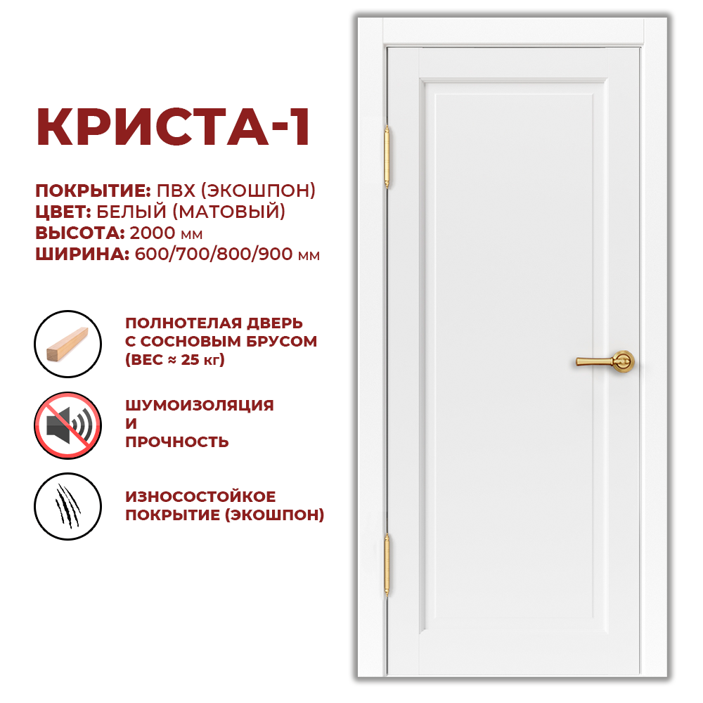 Изображение товара Дверь межкомнатная Дверные решения Криста-1 глухая 70x200см ПВХ цвет белый без замка и петель в комплекте
