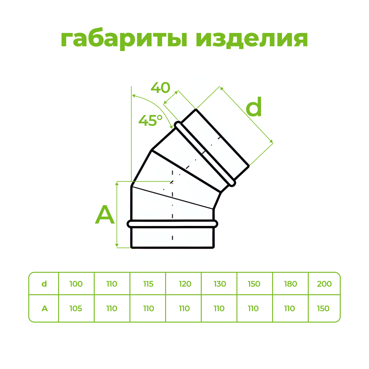Изображение товара Отвод для дымохода 45° Lava ⌀150мм нержавеющая сталь AISI 439 0.5мм