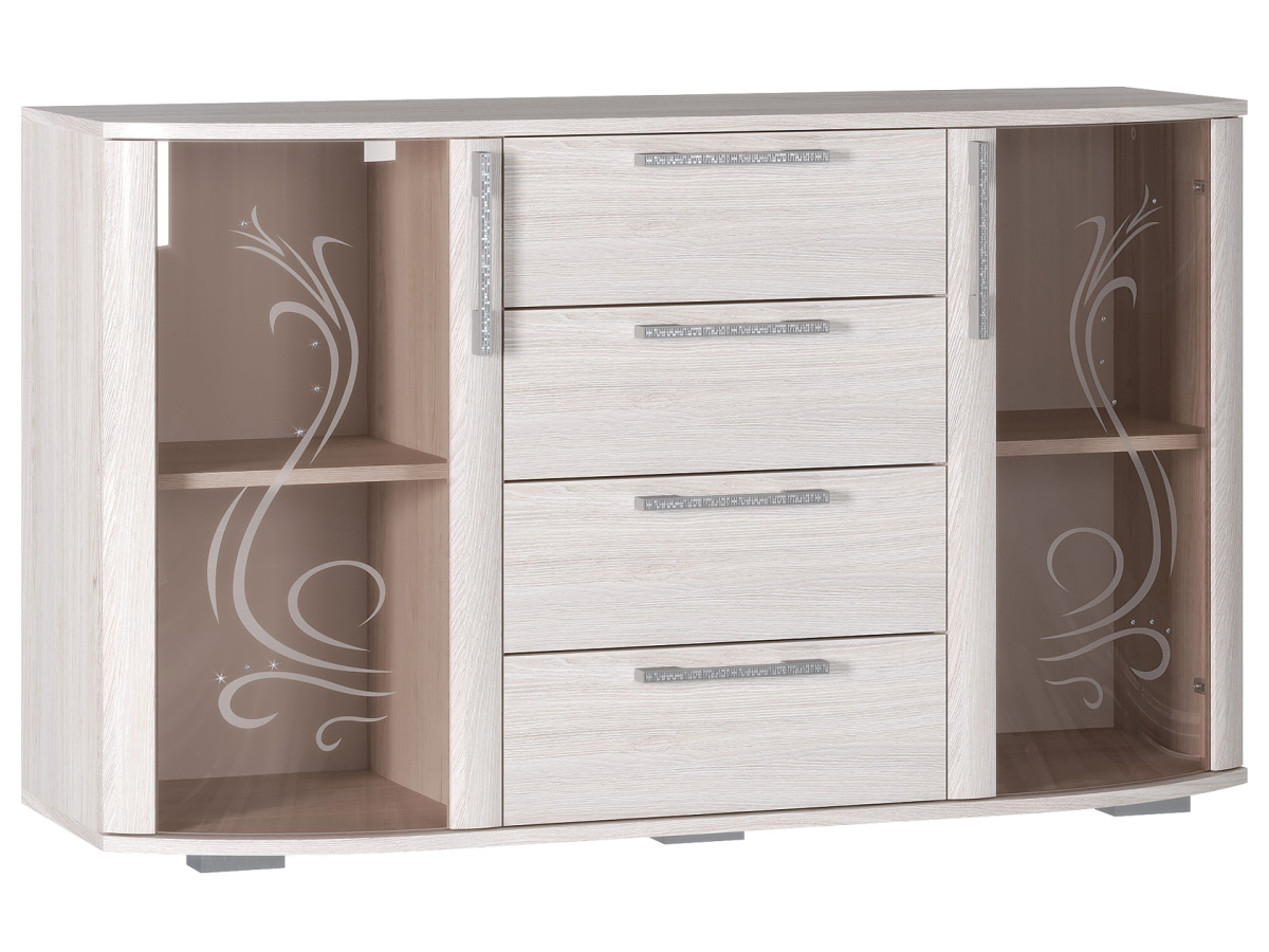 Изображение товара Комод Грация 4 ящика из ЛДСП с витиеватыми узорами и стеклянными фасадами