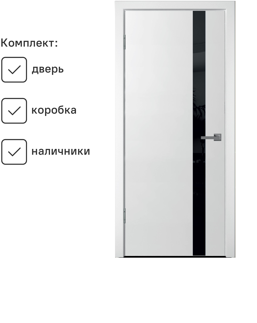 Изображение товара Комплект межкомнатной двери Wanmark Скай-10 остеклённая 190x60см Эмаль цвет белый черная лакобель с коробом и наличниками