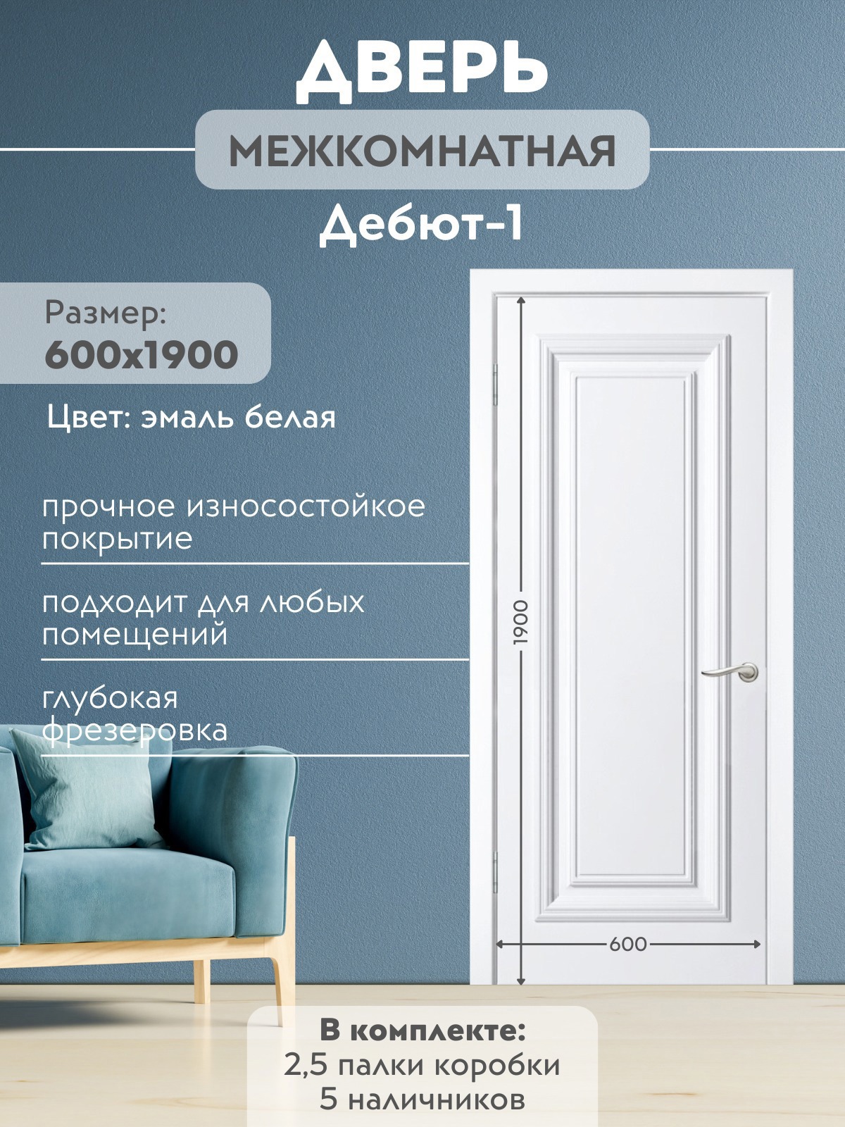 Изображение товара Межкомнатная дверь Wanmark Дебют-1 ДГ глухая 190x60см Эмаль цвет белый