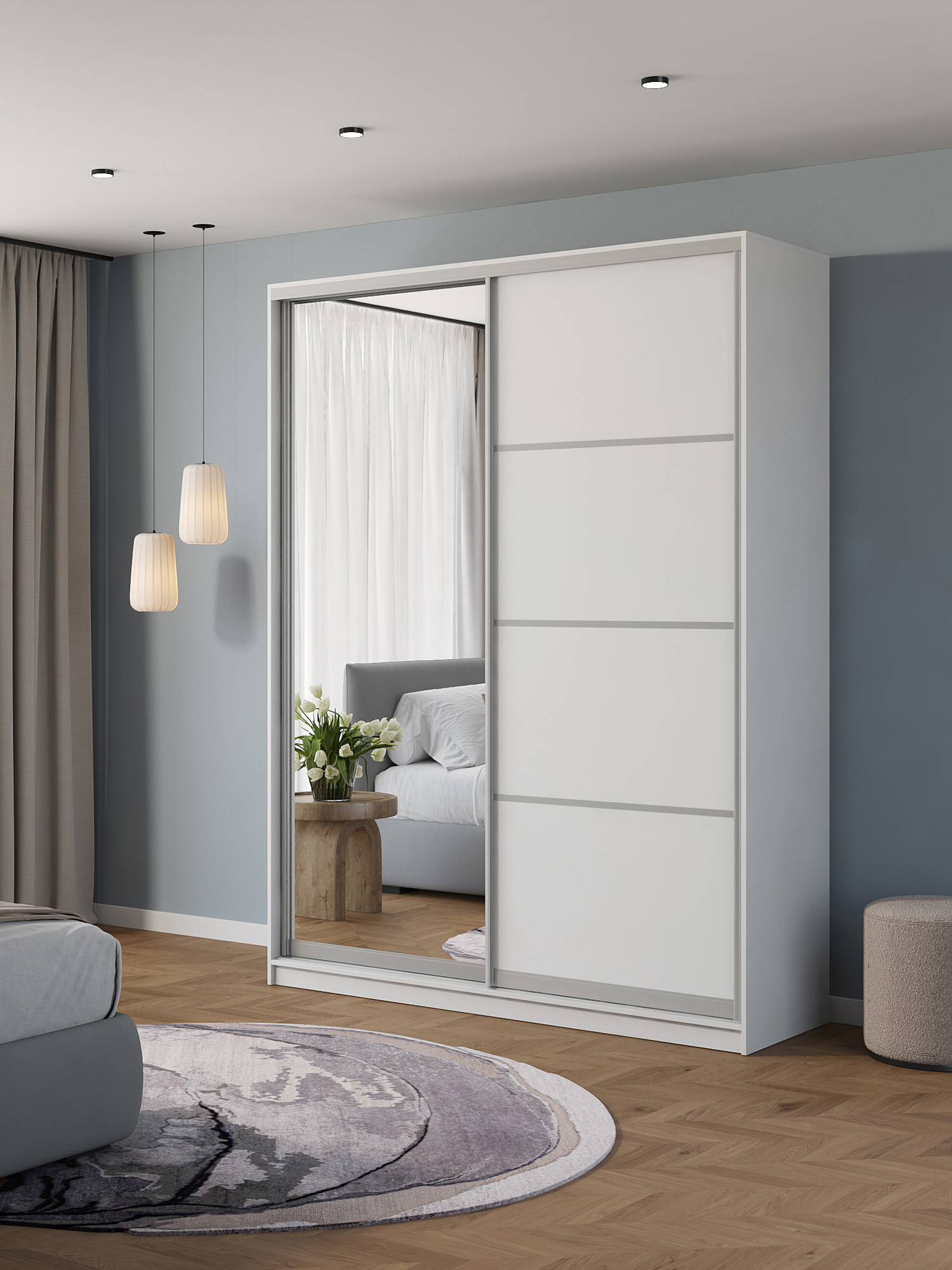 Изображение товара Шкаф-купе Клевер Атина с зеркалом 240x170x58 см белый, современный дизайн Изображение товара Шкаф-купе Клевер Атина с зеркалом 240x170x58 см белый, современный дизайн