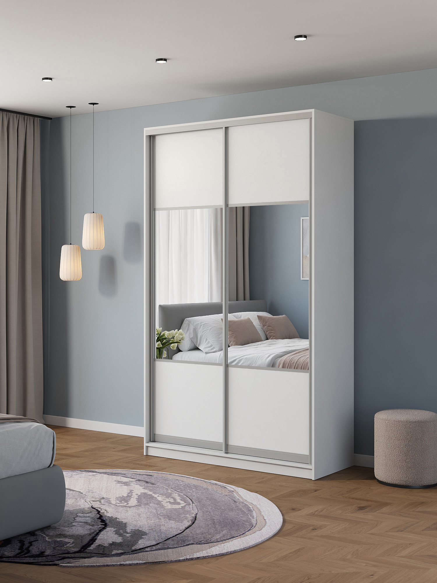 Изображение товара Шкаф-купе Клевер Атина комбинированный 240x130x45 см белый с зеркалом и системой Hettich Изображение товара Шкаф-купе Клевер Атина комбинированный 240x130x45 см белый с зеркалом и системой Hettich