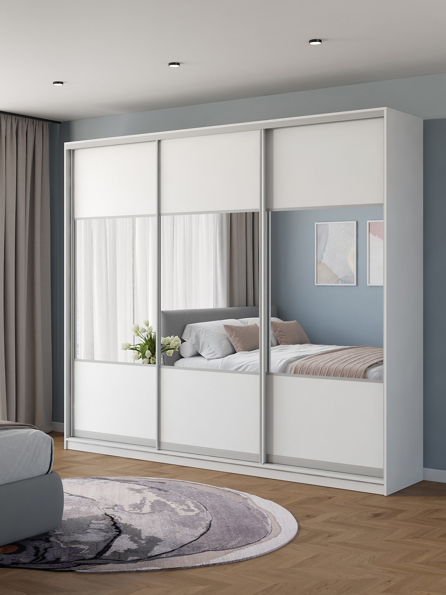 Изображение товара Шкаф-купе Клевер Атина 240x270х45 см белый с зеркалом минимализм Изображение товара Шкаф-купе Клевер Атина 240x270х45 см белый с зеркалом минимализм