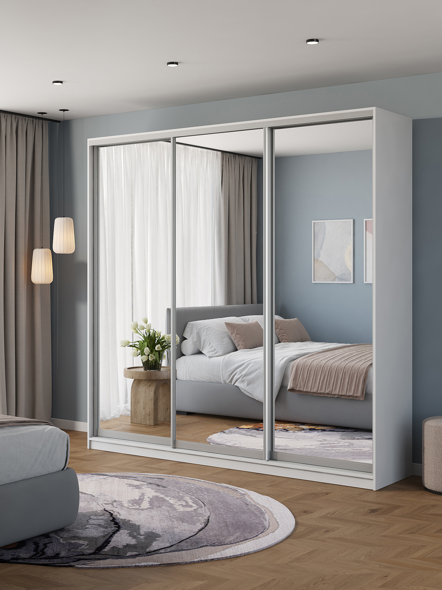 Изображение товара Шкаф-купе Клевер Атина зеркальный 240x240х45 см с 3 дверями и полками