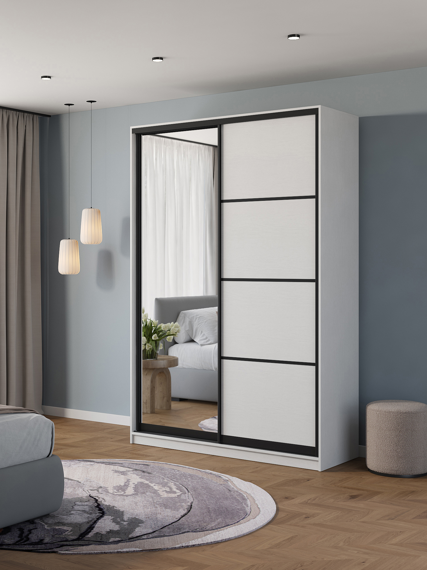 Изображение товара Шкаф-купе Клевер Атина с 2 дверями и зеркалом 240x150х58 см 6 полок ЛДСП цвет белый/лофт