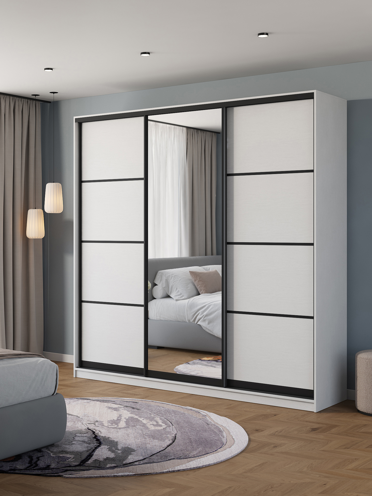 Изображение товара Шкаф-купе Клевер Атина с 3 дверями и зеркалом 240x250x50 см 9 полок ЛДСП цвет белый/лофт