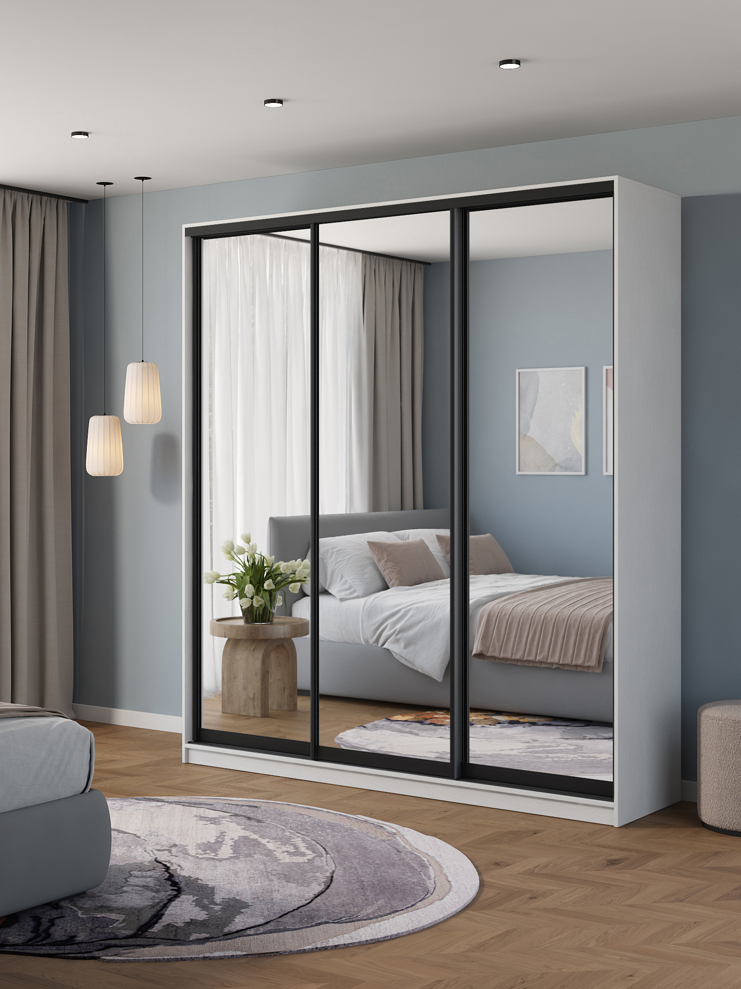 Изображение товара Шкаф-купе Клевер Атина 3 двери 220x58x240 см с зеркалом и системой креплений Hettich