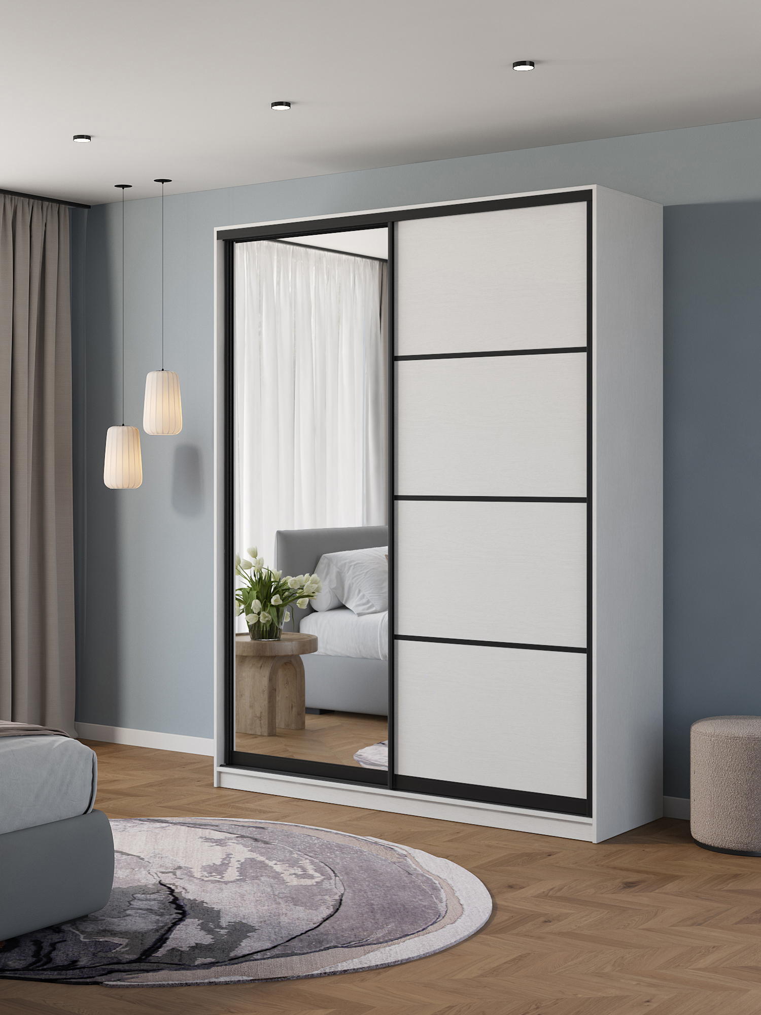 Изображение товара Шкаф-купе Клевер Атина с 2 дверями и зеркалом 240x170x45 см 6 полок ЛДСП цвет белый/лофт