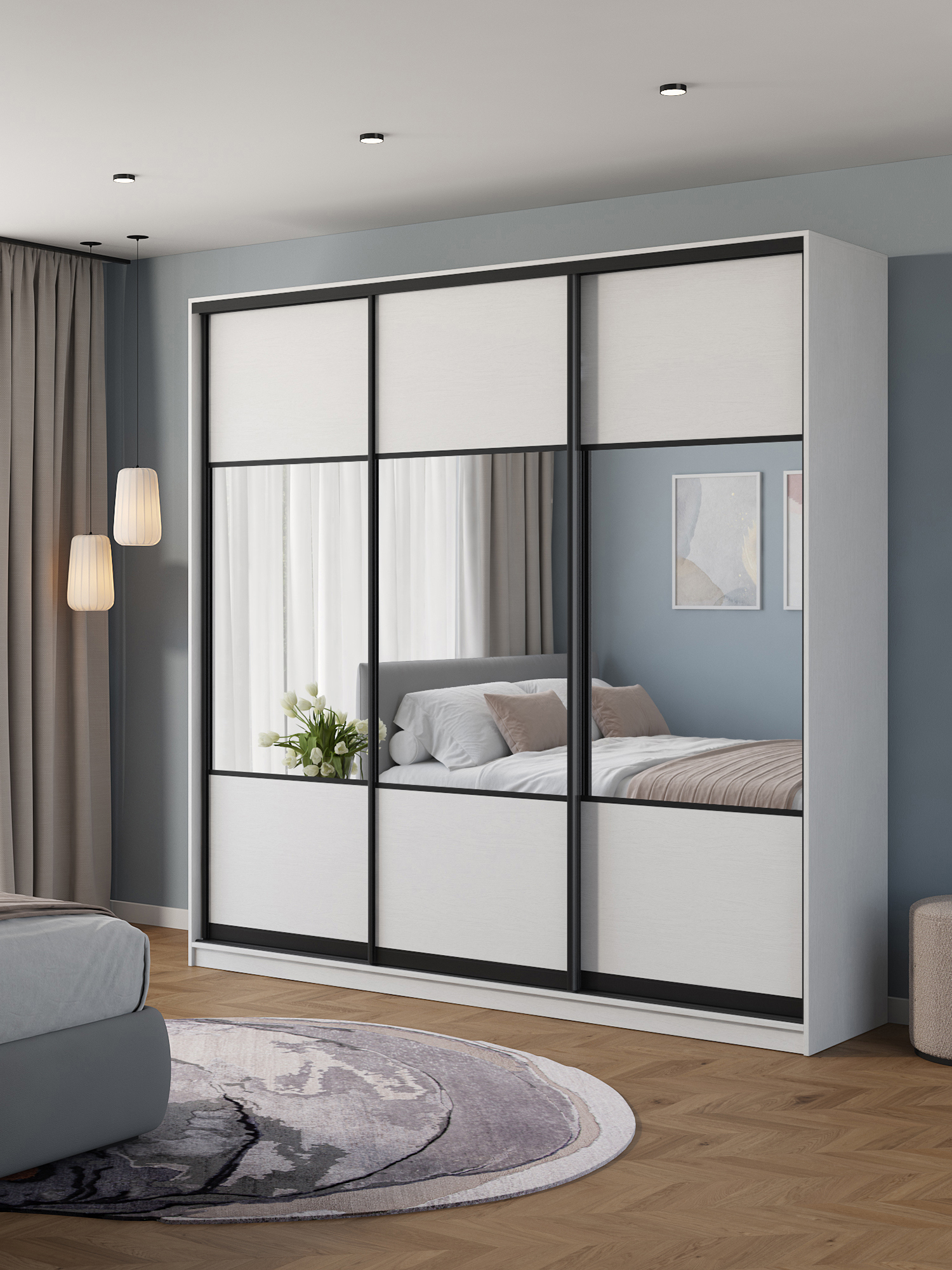 Изображение товара Шкаф-купе Клевер Атина с 3 дверями 240x240х58 см 9 полок ЛДСП цвет белый/лофт комбинированный