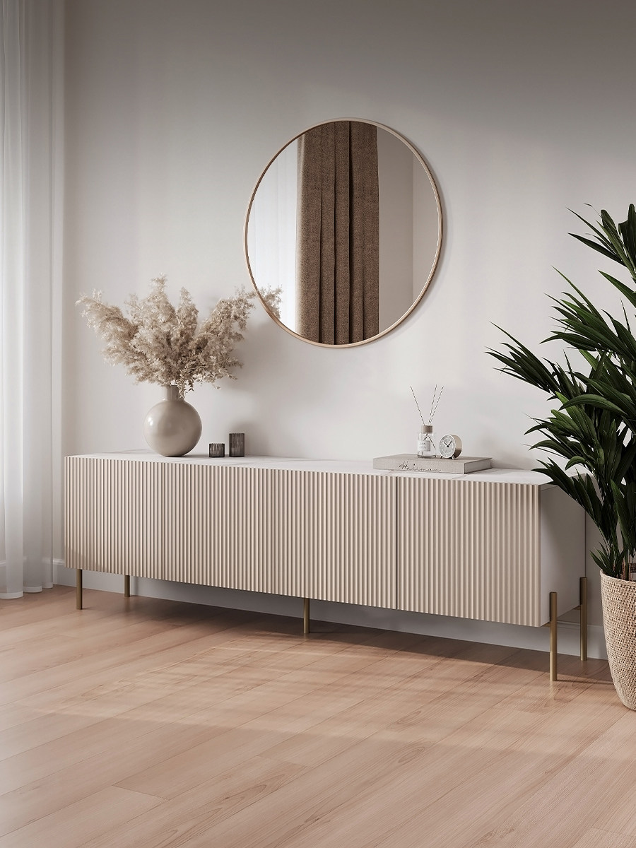 Изображение товара Тумба под телевизор PUZZLEMEBEL Селлин 210x57x36.6 см Бежево-Белая с золотистыми ножками