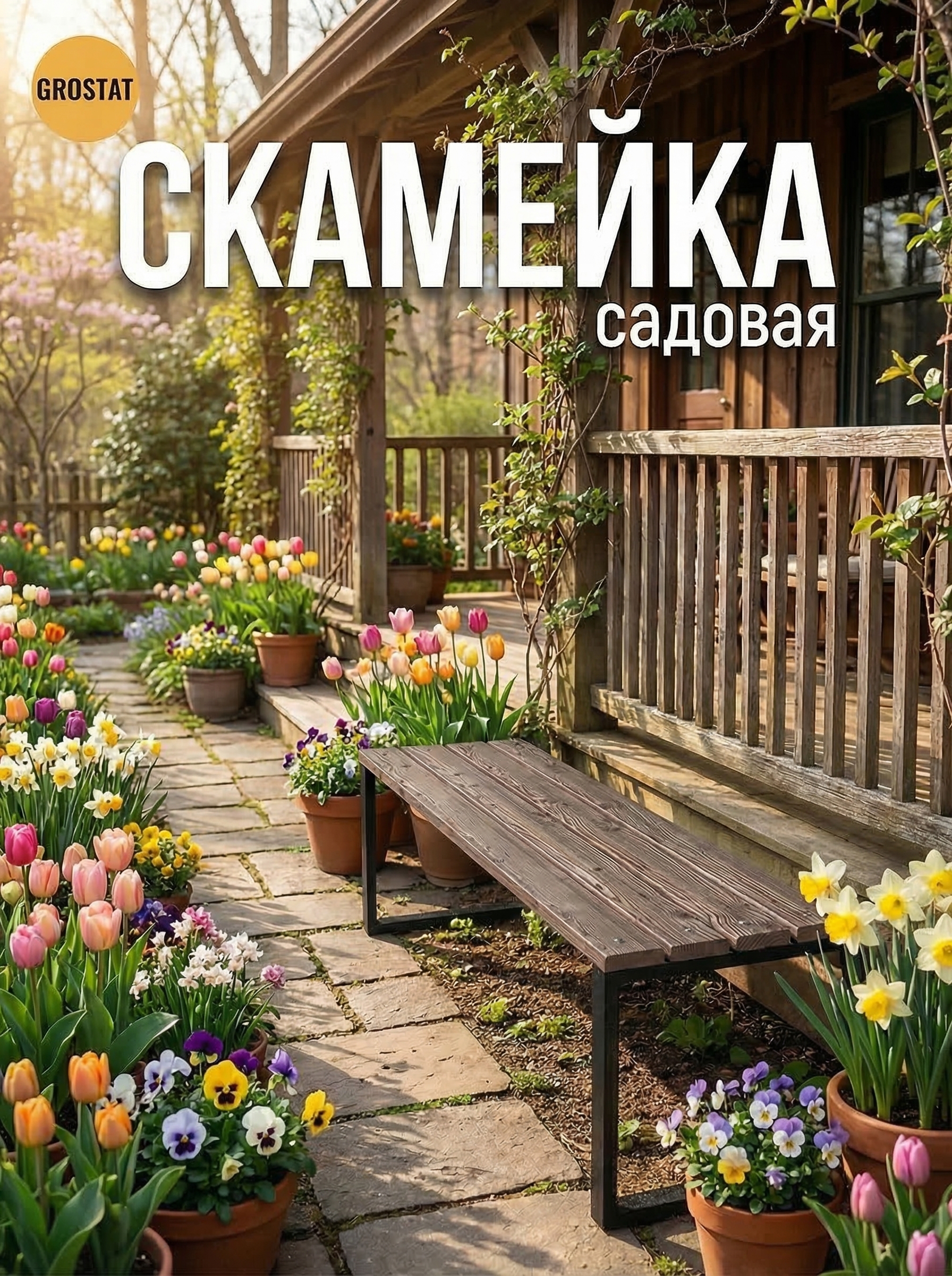 Изображение товара Стильная садовая скамейка GROSTAT из массива сосны и металла