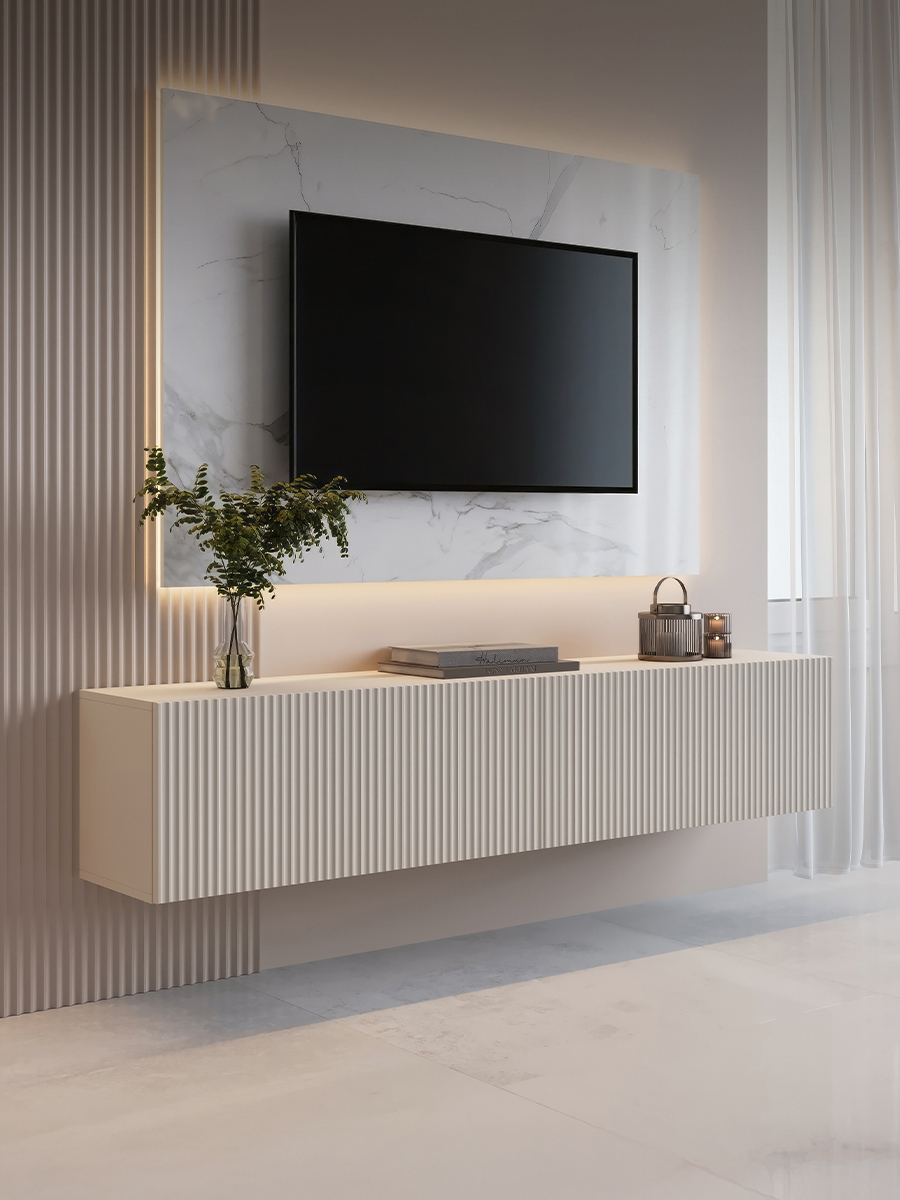 Изображение товара Тумба под телевизор Puzzlemebel Камелия 150x30x27 см бежевый ЛДСП