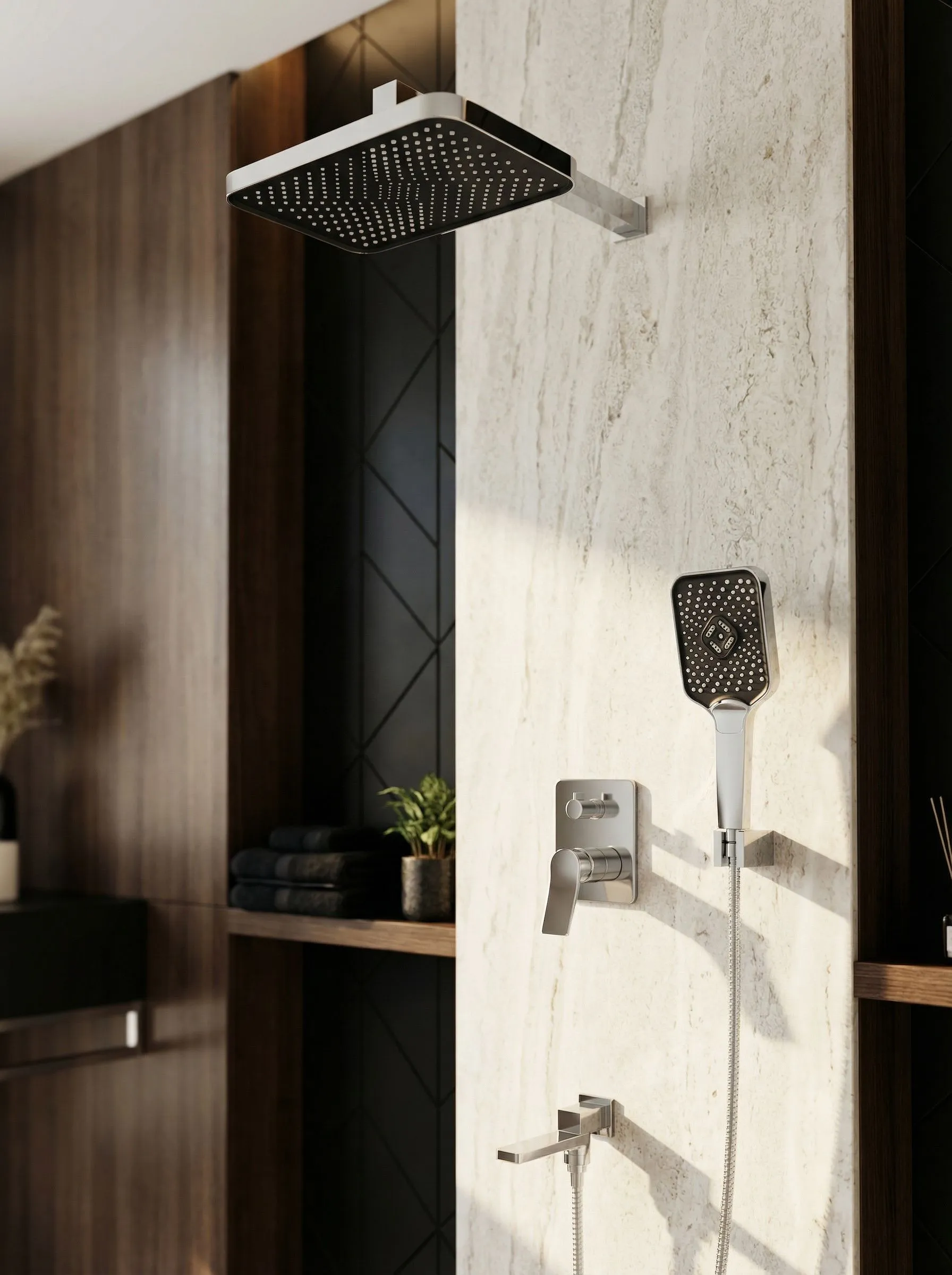 Изображение товара Душевая система Esko 7in1Eiger скрытого монтажа тропический душ, лейка и шланг в комплекте цвет нержавеющая сталь