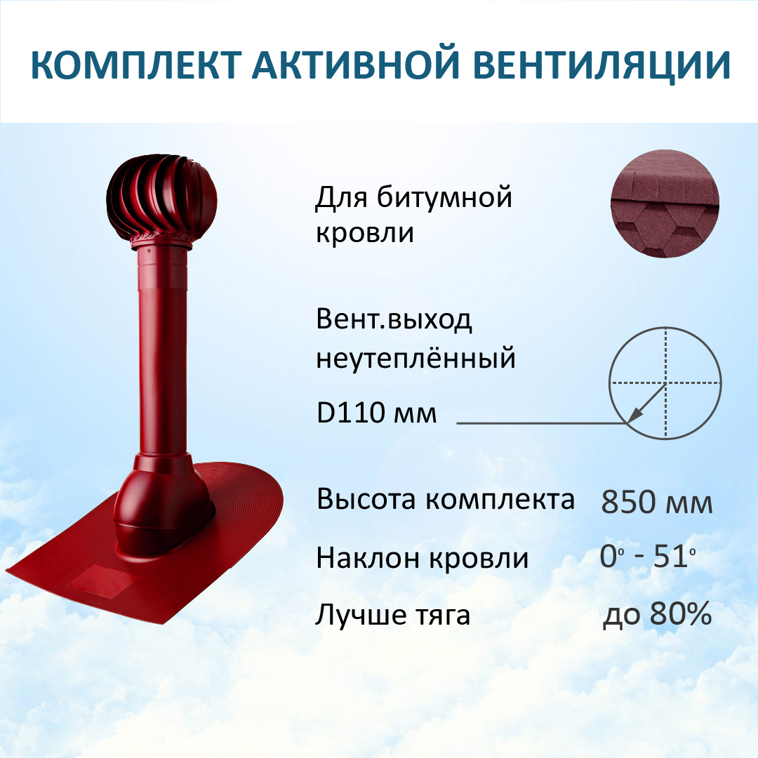 Изображение товара Комплект вентиляции Polivent (вентиляционный выход Ø110мм 500мм для битумной кровли/турбодефлектор 110мм) RAL 3005 красное вино Изображение товара Комплект вентиляции Polivent (вентиляционный выход Ø110мм 500мм для битумной кровли/турбодефлектор 110мм) RAL 3005 красное вино