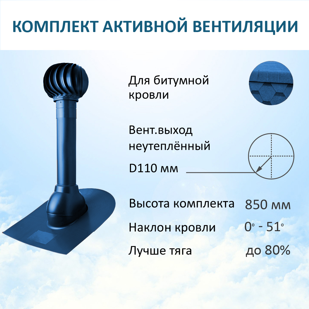 Изображение товара Комплект вентиляции Polivent (вентиляционный выход Ø110мм 500мм для битумной кровли/турбодефлектор 110мм) RAL 5005 синий Изображение товара Комплект вентиляции Polivent (вентиляционный выход Ø110мм 500мм для битумной кровли/турбодефлектор 110мм) RAL 5005 синий