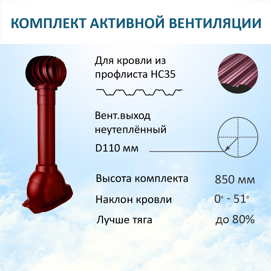 Изображение товара Комплект вентиляции Polivent (вентиляционный выход Ø110мм 500мм для профнастила 35мм турбодефлектор 110мм) RAL 3005 красное вино Изображение товара Комплект вентиляции Polivent (вентиляционный выход Ø110мм 500мм для профнастила 35мм турбодефлектор 110мм) RAL 3005 красное вино