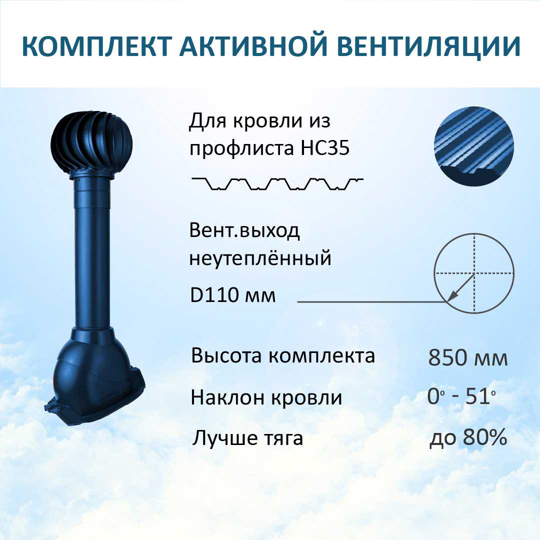 Изображение товара Комплект вентиляции Polivent (вентиляционный выход Ø110мм 500мм для профнастила 35мм турбодефлектор 110мм) RAL 5005 синий Изображение товара Комплект вентиляции Polivent (вентиляционный выход Ø110мм 500мм для профнастила 35мм турбодефлектор 110мм) RAL 5005 синий