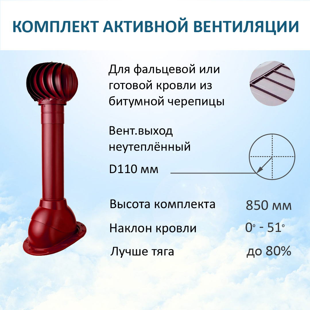 Изображение товара Комплект вентиляции Polivent (вентиляционный выход Ø110мм 500мм для фальцевой и готовой кровли из битумной черепицы/турбодефлектор 110мм) RAL 3005 красное вино Изображение товара Комплект вентиляции Polivent (вентиляционный выход Ø110мм 500мм для фальцевой и готовой кровли из битумной черепицы/турбодефлектор 110мм) RAL 3005 красное вино