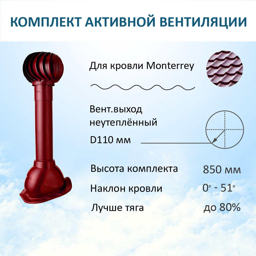 Изображение товара Комплект вентиляции Polivent (вентиляционный выход Ø110мм 500мм для металлочерепицы Monterrey/турбодефлектор 110мм) RAL 3005 красное вино