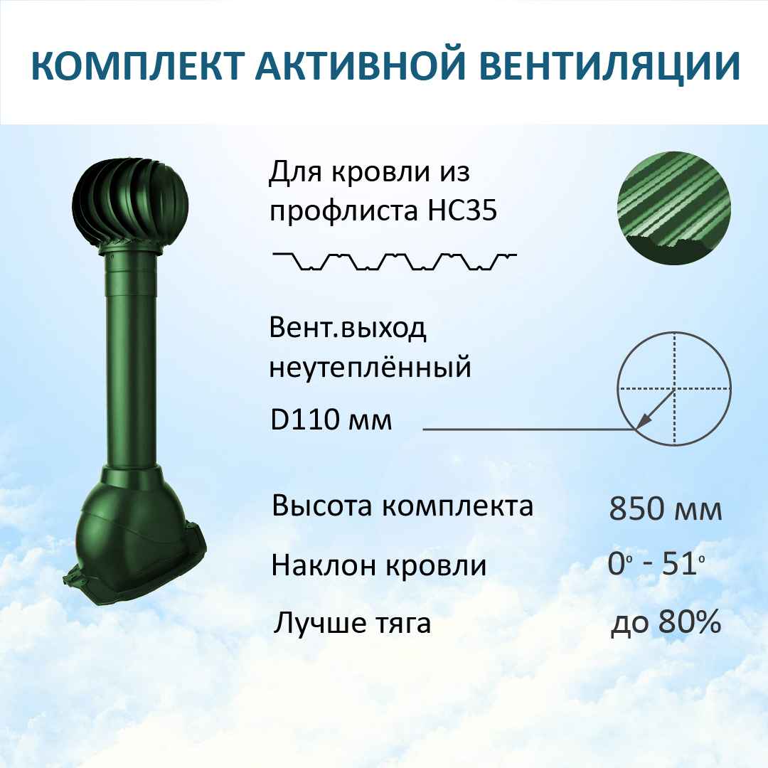Изображение товара Комплект вентиляции Polivent (вентиляционный выход Ø110мм 500мм для профнастила 35мм турбодефлектор 110мм) RAL 6005 зеленый Изображение товара Комплект вентиляции Polivent (вентиляционный выход Ø110мм 500мм для профнастила 35мм турбодефлектор 110мм) RAL 6005 зеленый