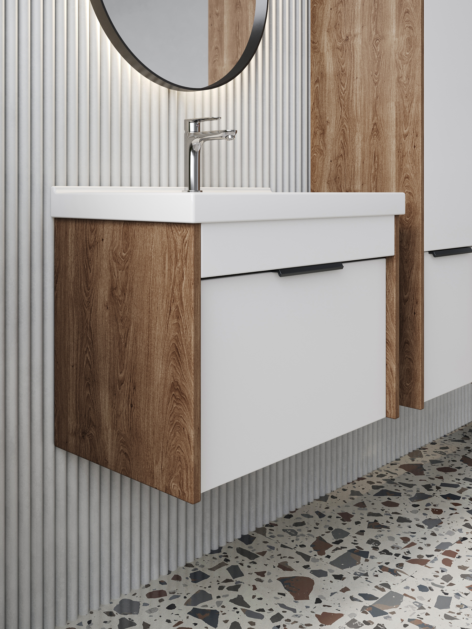 Изображение товара Тумба для ванной Storys Луи Плюс подвесная 50 см 1 ящик под раковину цвет белый-коричневый