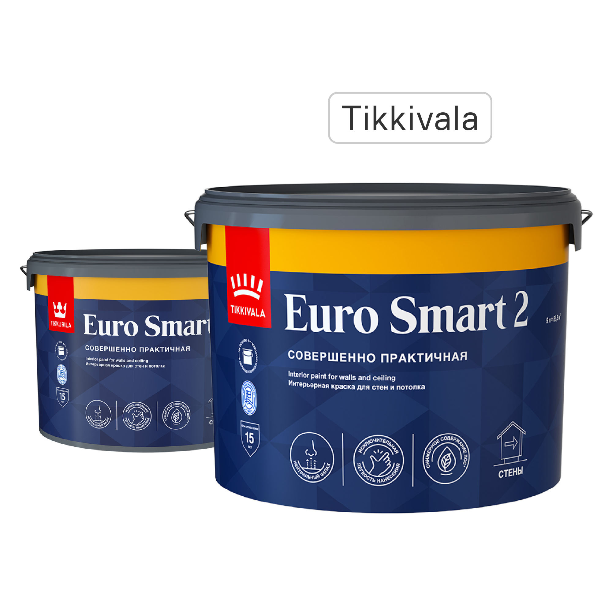 Изображение товара Краска для стен и потолков Tikkivala Euro Smart 2 глубокоматовая белая 9 л