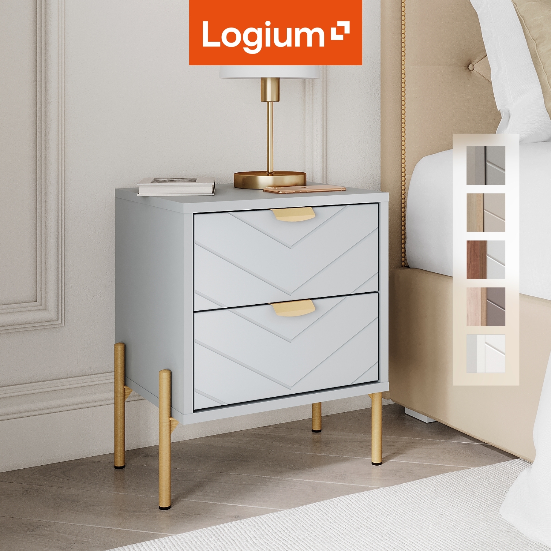 Изображение товара Прикроватная тумба Венеция 16.10 из ЛДСП с двумя ящиками и золотыми ручками