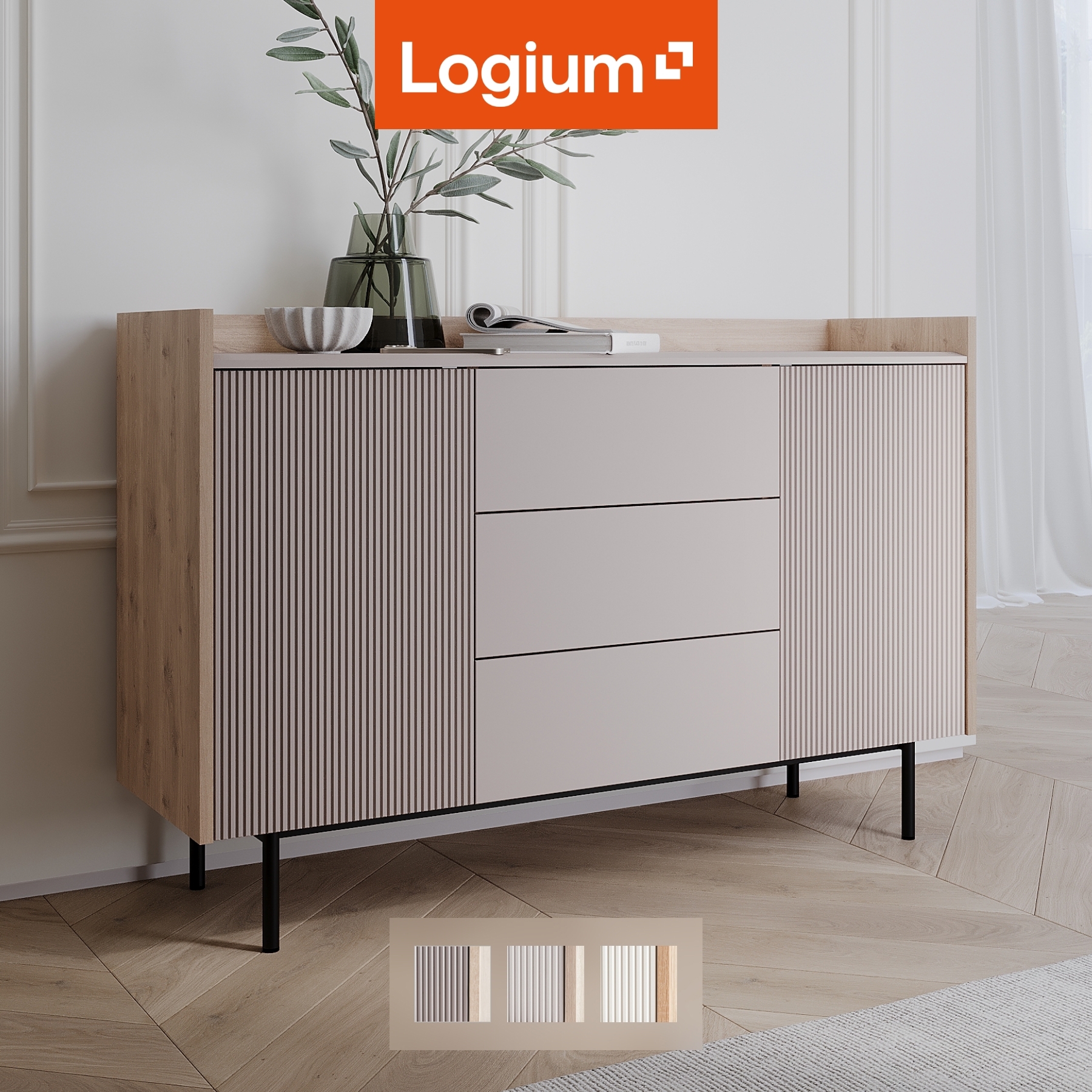 Изображение товара Комод Egregor Наоми 3 ящика с распашными дверцами и системой push-to-open