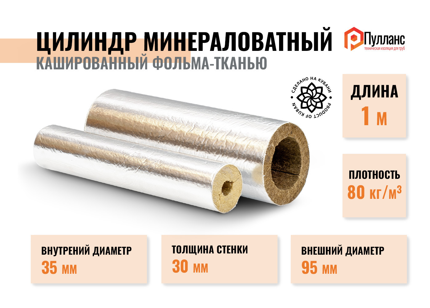 Изображение товара Цилиндры из минеральной ваты Pullwool OS 35/30 для теплоизоляции труб 1 м