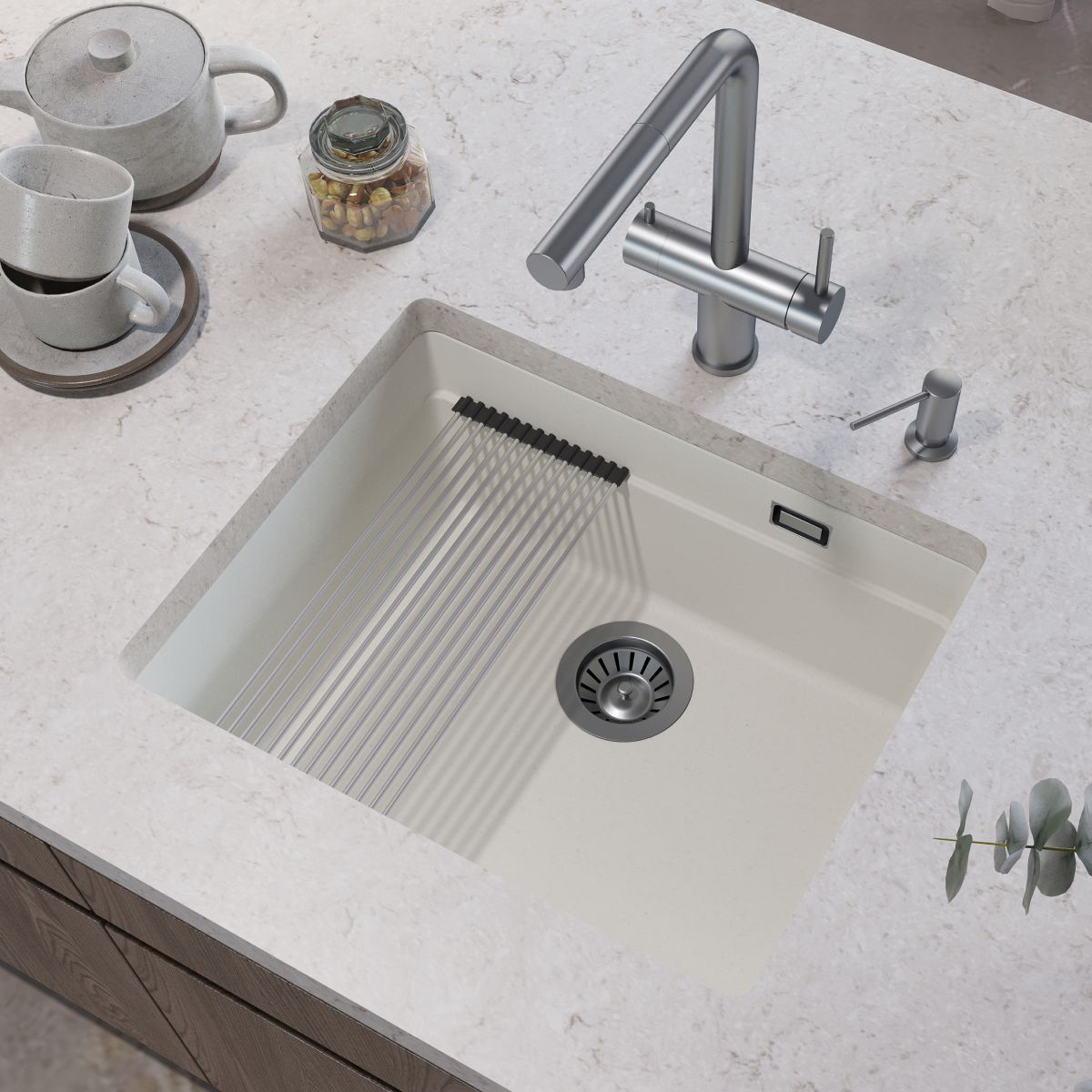 Изображение товара Мойка для кухни Grandex aqua COMFORT 56U ARCTIC 39.5x50 см глубина чаши 20 см кварц цвет белый