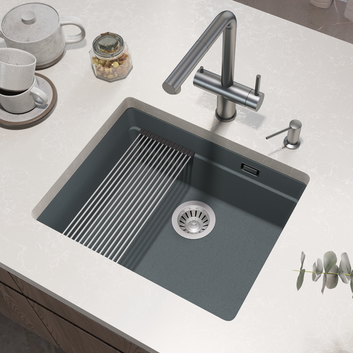 Изображение товара Мойка для кухни Grandex aqua COMFORT 56U CONCRETE 39.5x50 см глубина чаши 20 см кварц цвет бетон