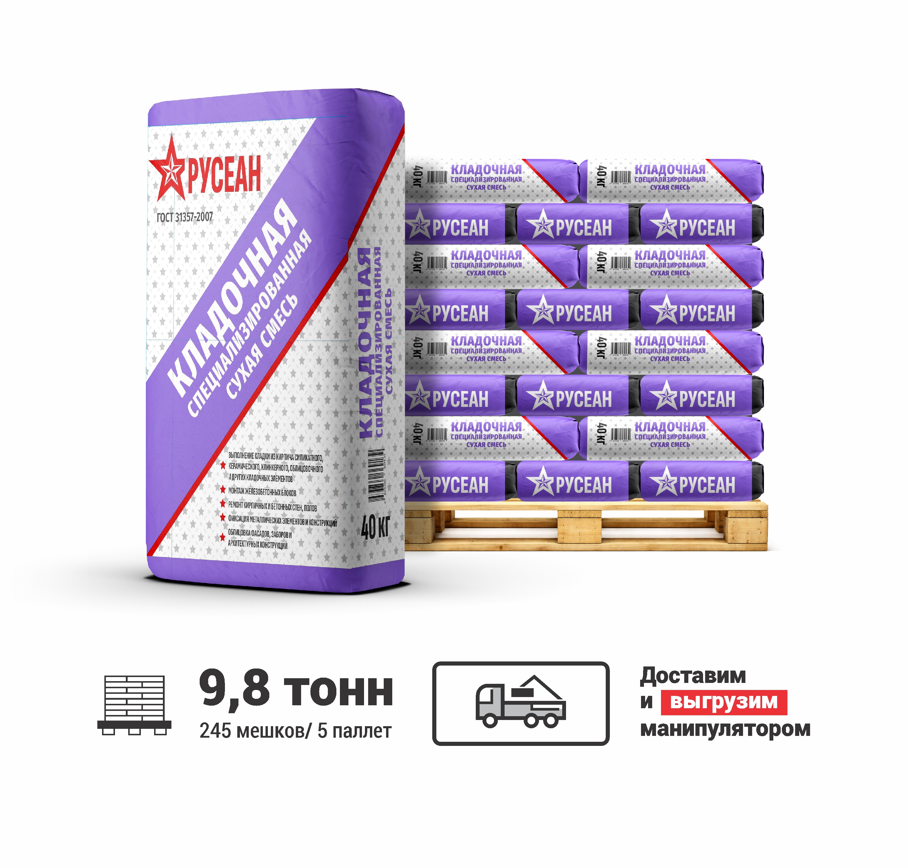 Изображение товара Кладочная сухая смесь специализированная Русеан цвет серый комплект 40кг x 245шт выгрузка манипулятором