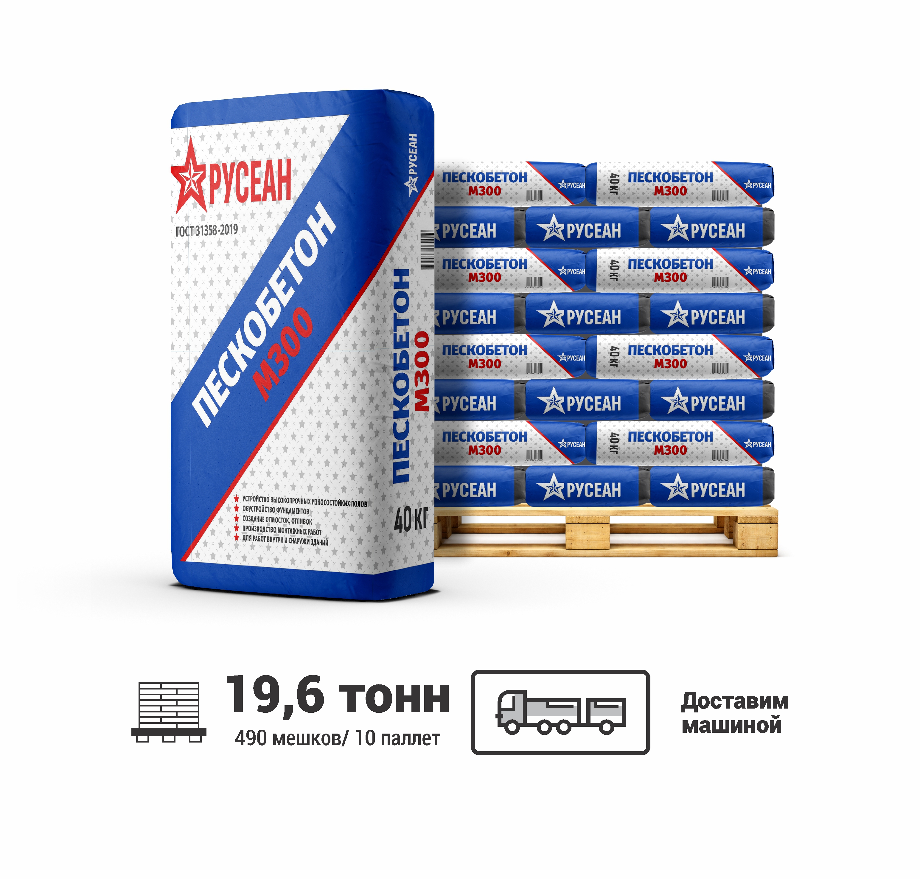 Изображение товара Пескобетон М-300 Русеан серый 40 кг - прочное решение для полов и фундамента