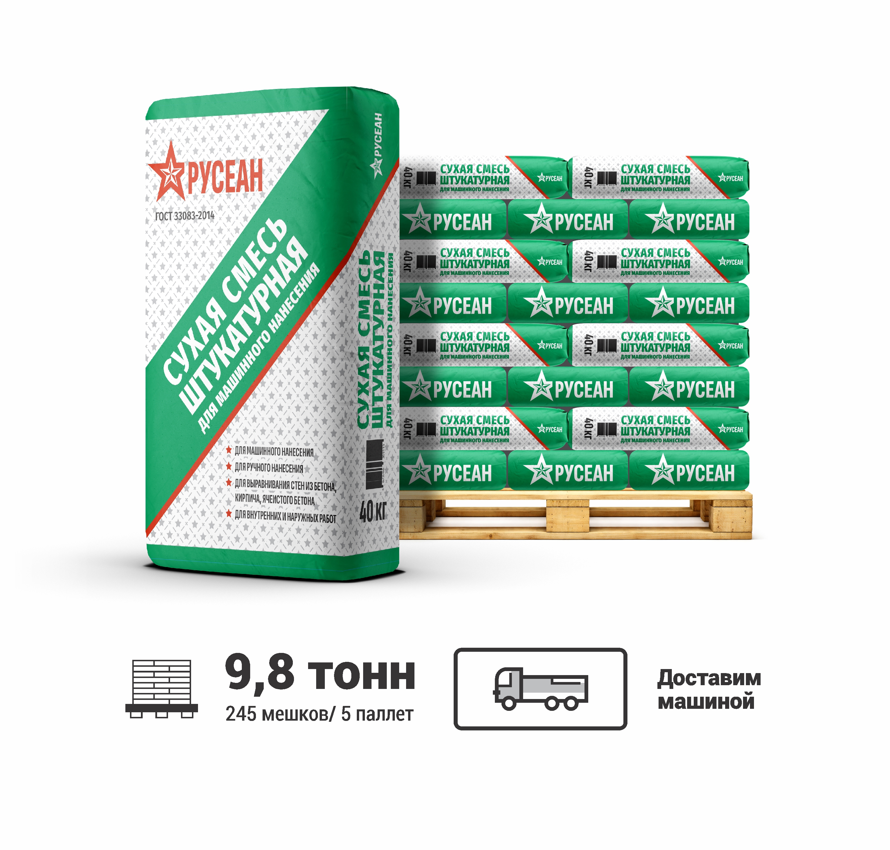 Изображение товара Штукатурная смесь Русеан для машинного нанесения 40 кг, серый цвет, влагостойкая