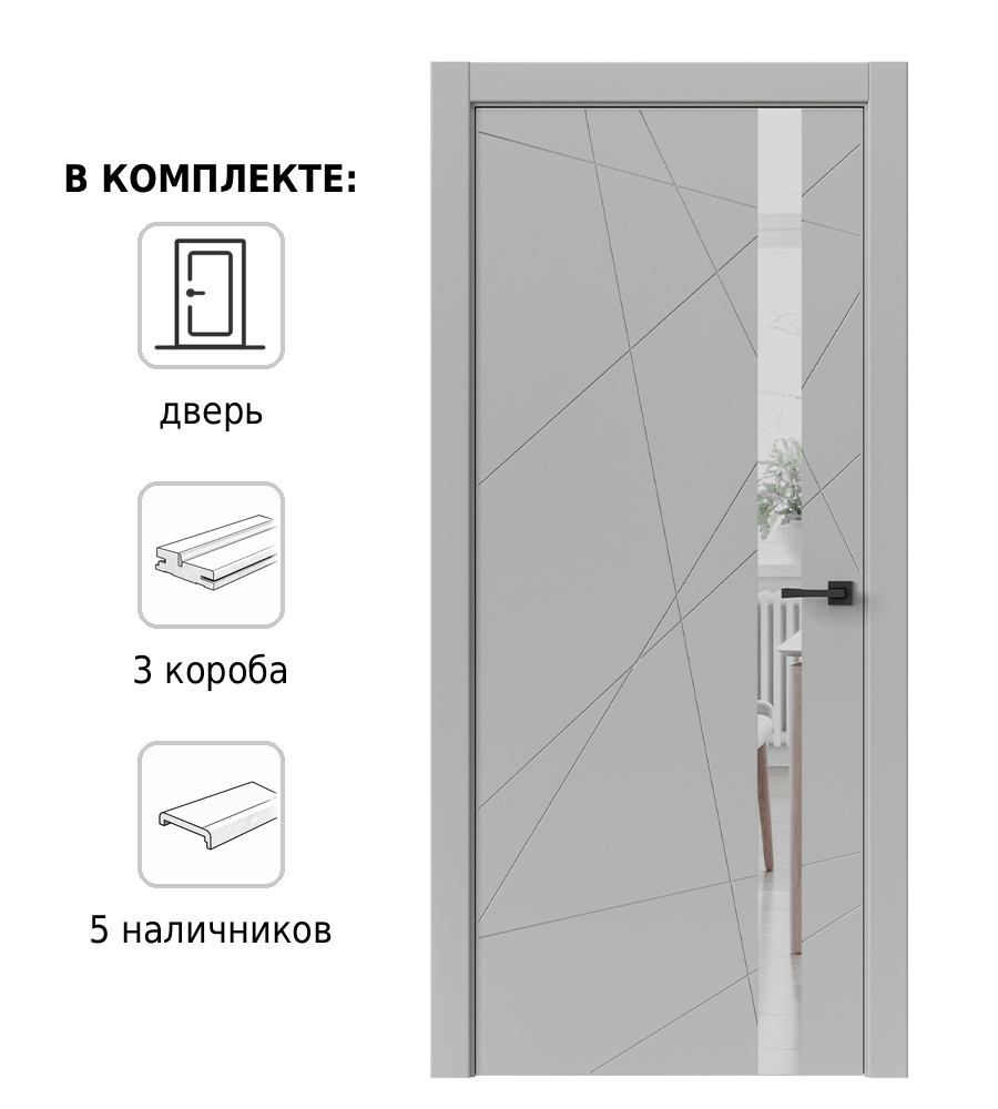 Изображение товара Комплект межкомнатной двери Дверные Решения Геометрия со стеклом 200x60см ПВХ цвет лофт светлый с коробом и наличниками
