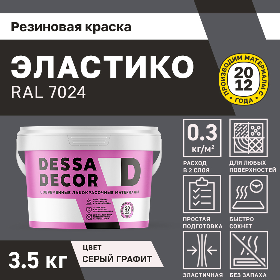 Изображение товара Резиновая краска для стен Dessa Decor Эластико матовая цвет темный серый RAL 7024 3.5 кг