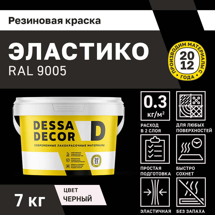 Изображение товара Резиновая краска для стен Dessa Decor Эластико матовая цвет черный RAL 9005 7 кг