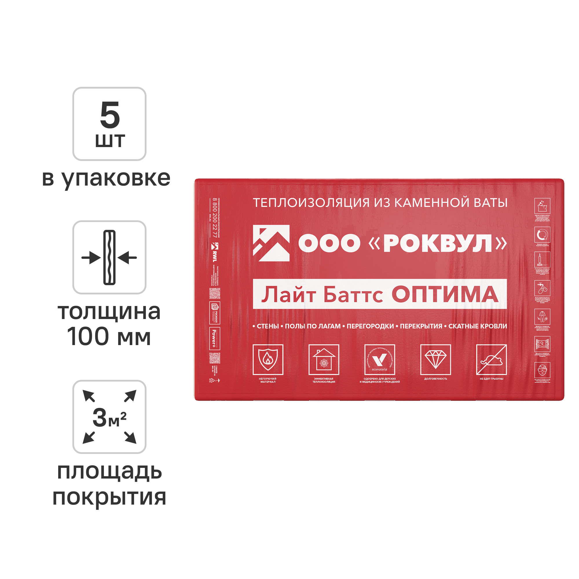 Изображение товара Утеплитель Роквул Лайт Баттс Оптима 100 мм 5 шт 600x1000 мм 3 м²