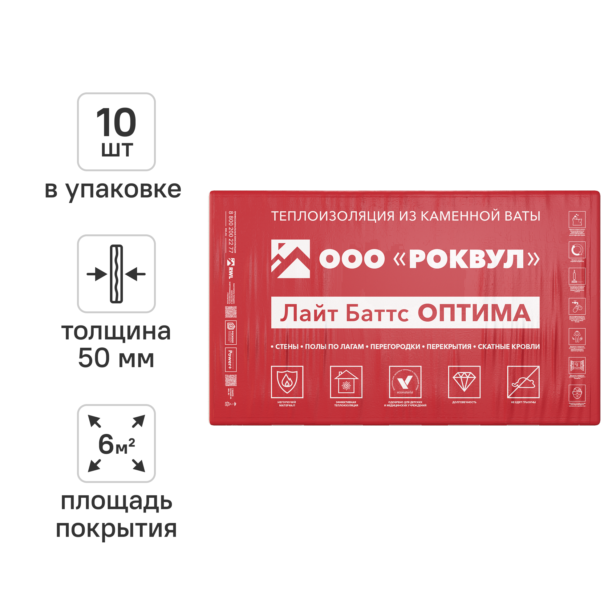 Изображение товара Утеплитель Rockwool Лайт Баттс Оптима 50 мм для тепло- и звукоизоляции