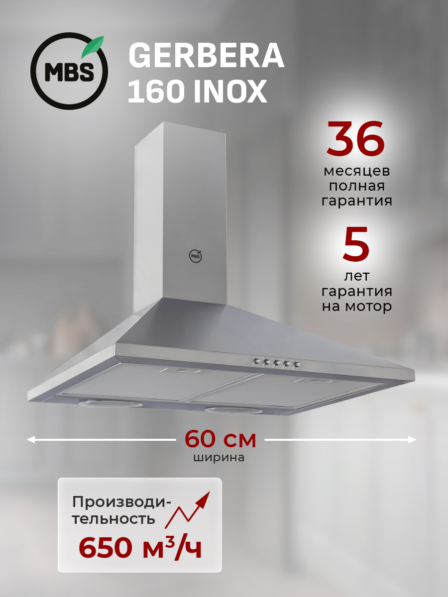 Изображение товара Вытяжка пристенная MBS GERBERA 160 INOX Изображение товара Вытяжка пристенная MBS GERBERA 160 INOX
