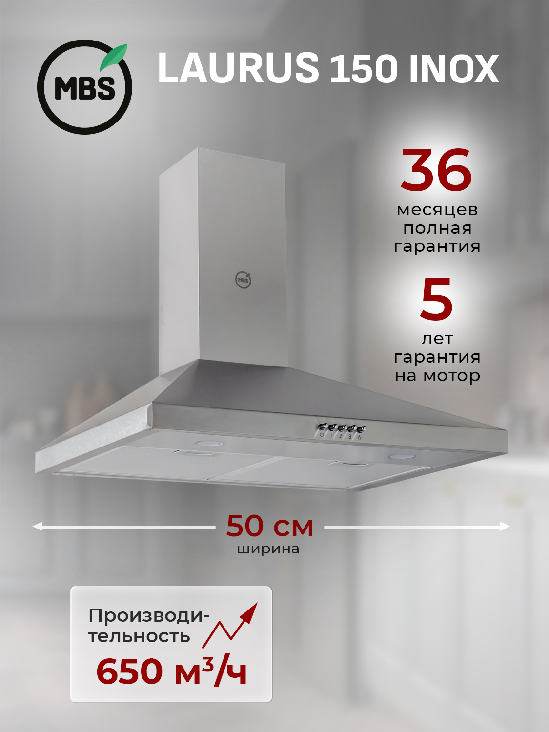 Изображение товара Вытяжка пристенная MBS LAURUS 150 INOX Изображение товара Вытяжка пристенная MBS LAURUS 150 INOX