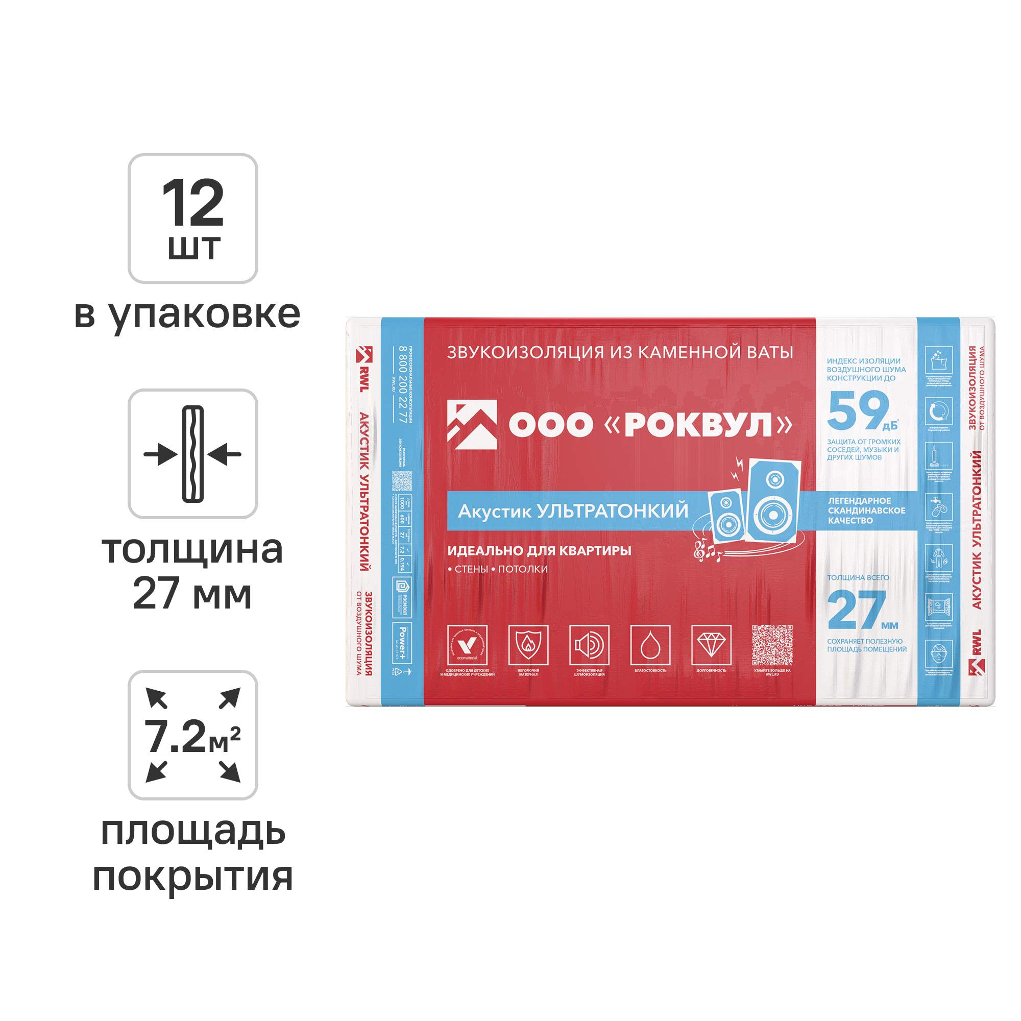 Изображение товара Звукоизоляция Роквул Акустик 27 мм 12 шт 600x1000 мм 7.2 м²